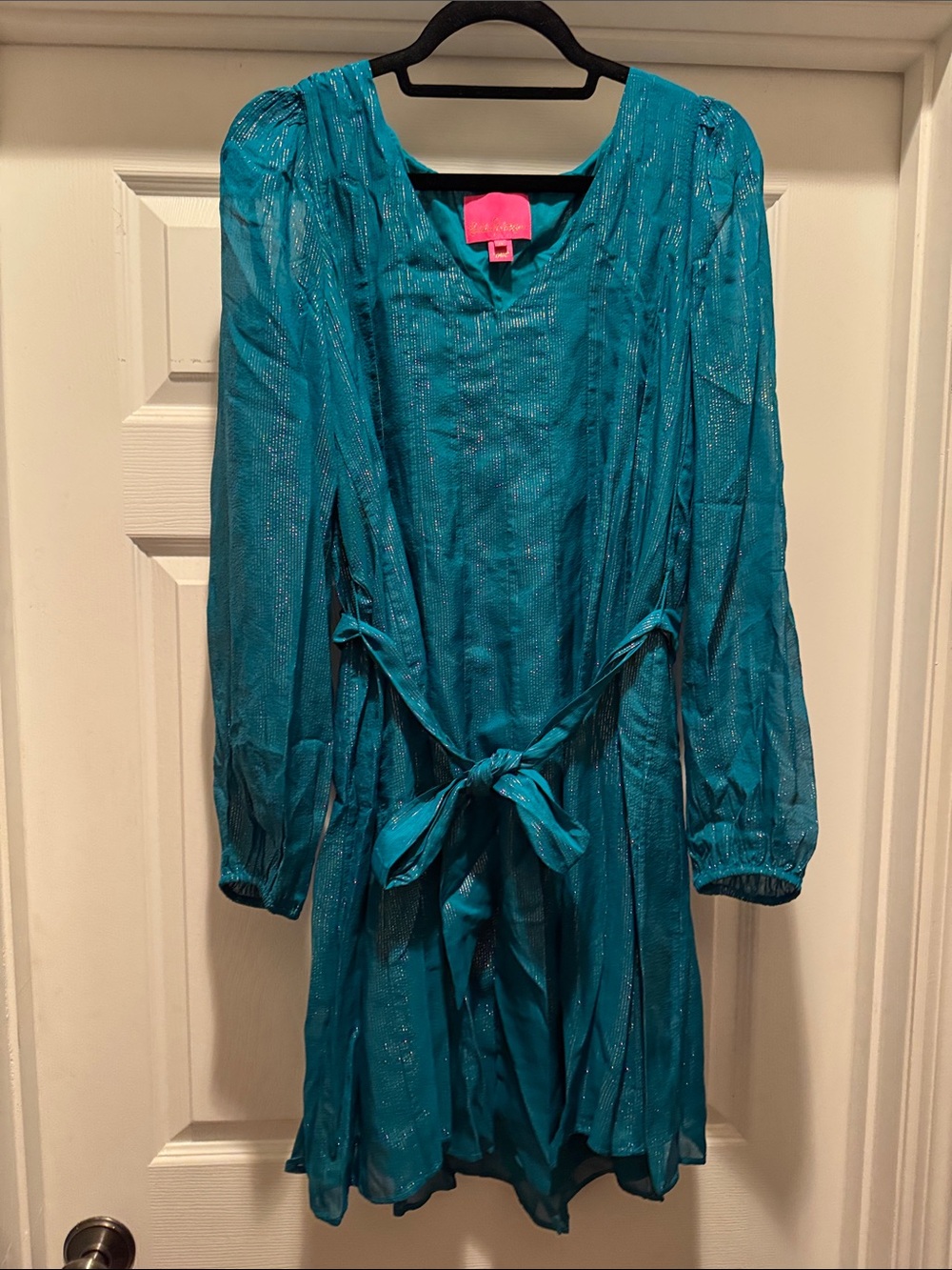 NWOT Lilly Pulitzer Teal Shimmer Long Sleeve Tie-Waist Dress size M